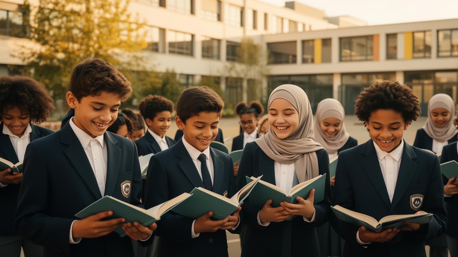 Élèves du GSPB lisant ensemble dans la cour de l'école